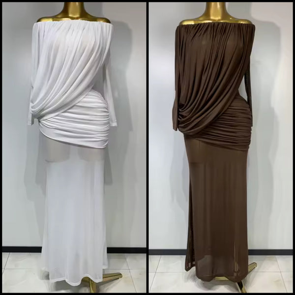 Women Off The Shoulder Ruched Full Sleeve Sexy Maxi Dress