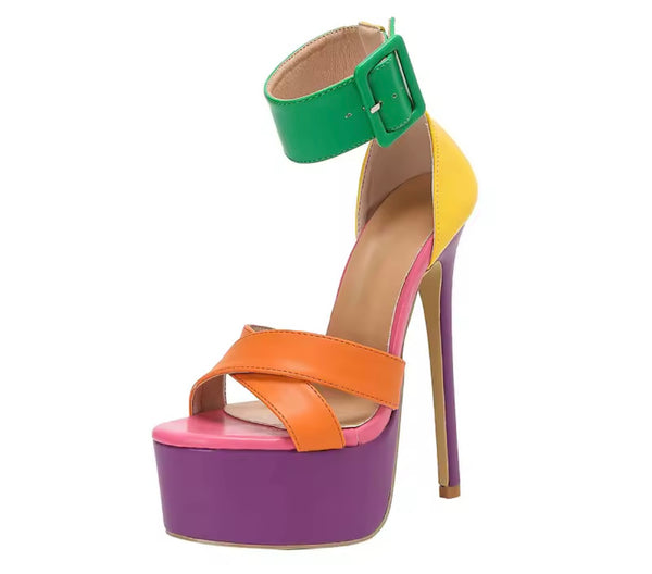 Women Color Patchwork Platform Ankle Strap High Heel Sandals