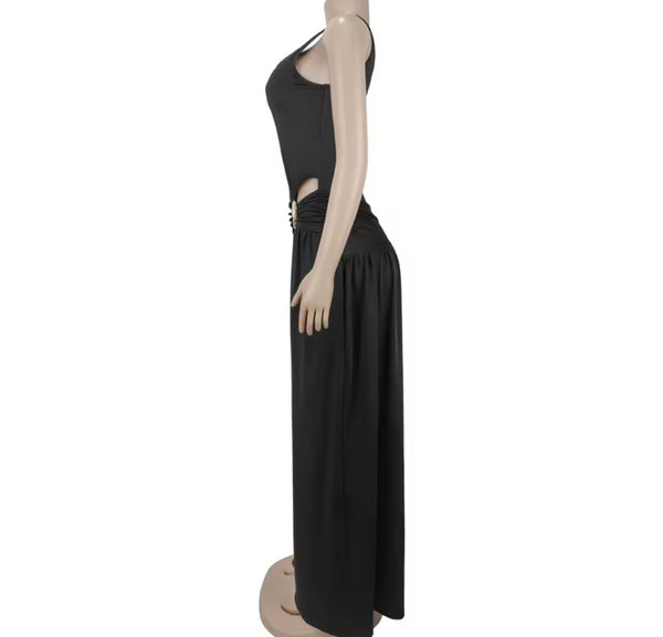 Women Sleeveless Metal Ruched Wide Leg Jumpsuit