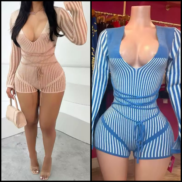 Women Sexy Striped V-Neck Full Sleeve Romper