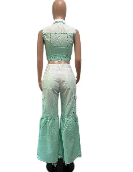 Women Sleeveless Button Up Gradient Two Piece Wide Leg Pant Set