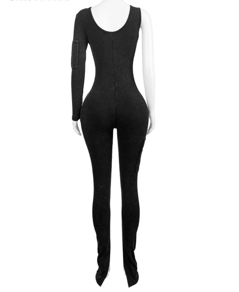 Women Fashion One Shoulder Full Sleeve Pocket Ribbed Jumpsuit