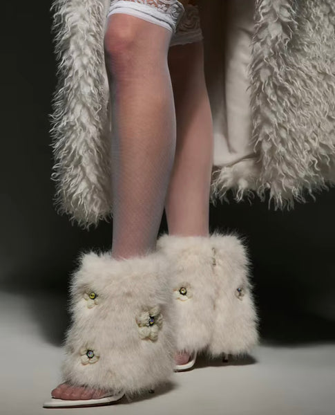 Women White Faux Fur Floral Fashion High Heel Ankle Boots