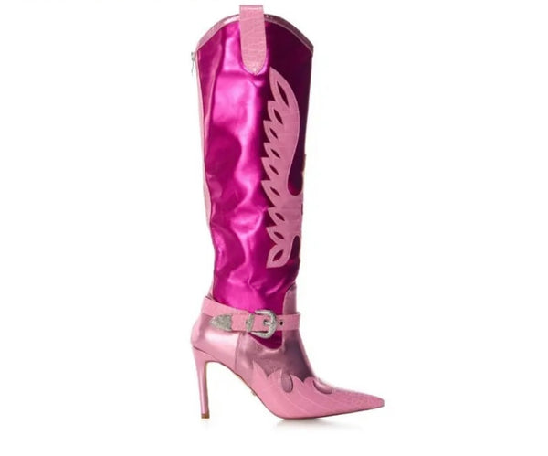 Women Fashion Pink Buckled Knee High Western Boots