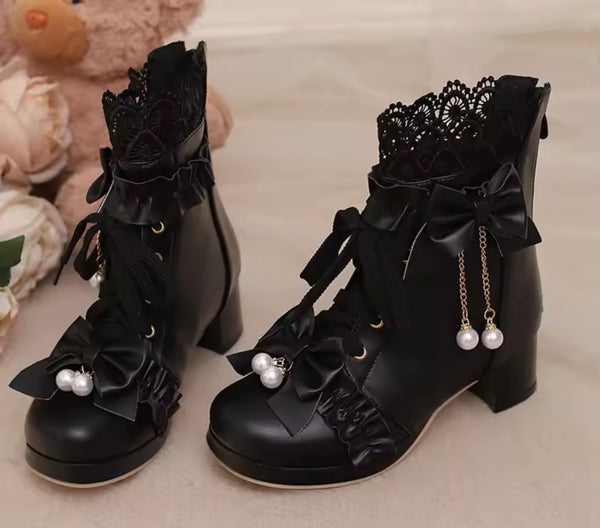 Women Fashion Lace Up Pearl Bow Ankle Boots