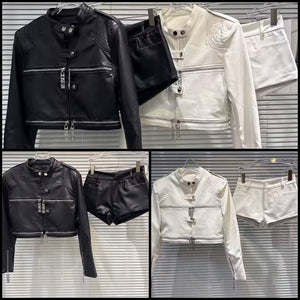 Women Fashion Faux Leather Jacket Two Piece Short Set