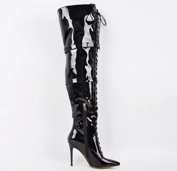 Women Fashion Black Patent Leather Buckled Over The Knee Boots