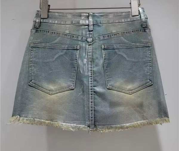 Women Fashion Metallic Bling 3D Bow Denim Skirt