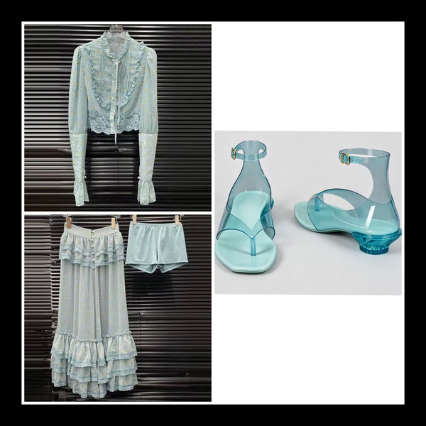 Women Ruffled Floral Full Sleeve Three Piece Maxi Skirt Set