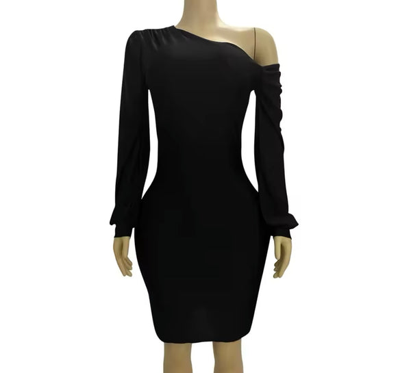 Women Sexy Skew Collar Full Sleeve Solid Color Dress
