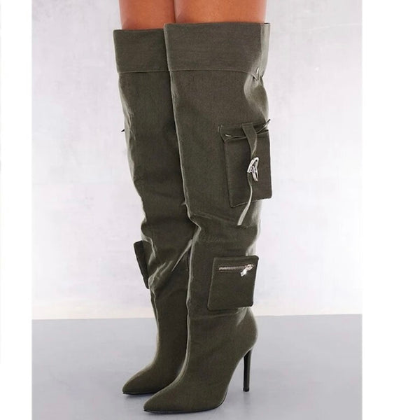 Women Fashion Zipper Buckled Pocket Over The Knee Boots