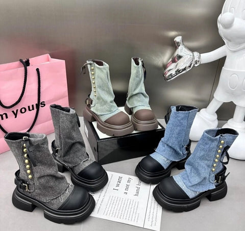 Women Fashion Denim Patchwork Ankle Boots