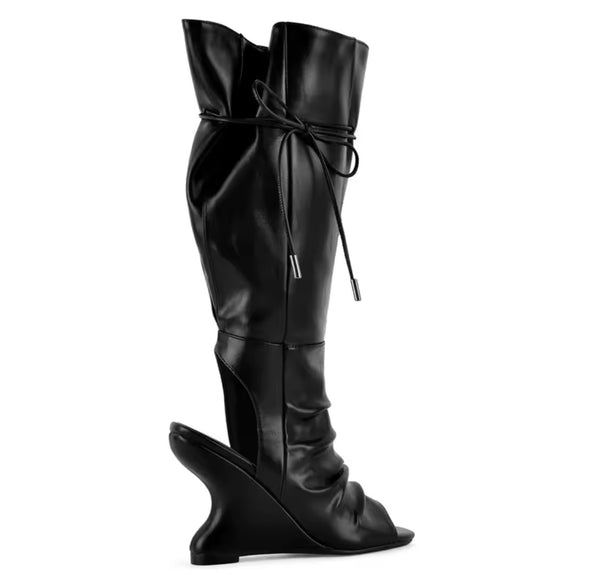 Women Fashion Open Toe Ruched Wedge Knee High Boots