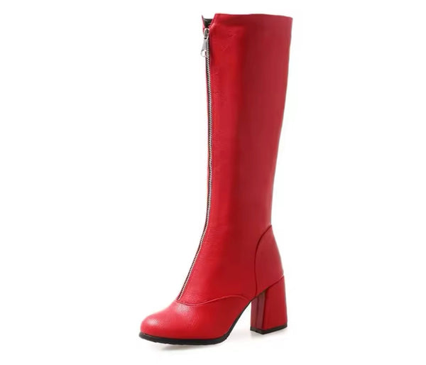 Women Color Zip Up Fashion Faux Leather Knee High Boots