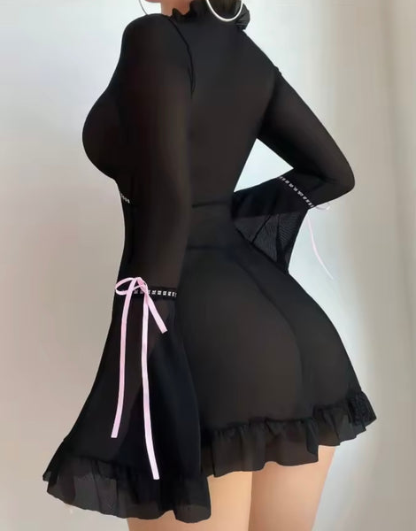 Women Sexy Bow Mesh Ruffled Full Sleeve Lingerie Set