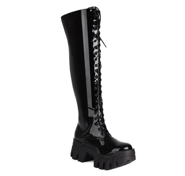 Women Black Faux/Patent Leather Lace Up Platform Knee High Boots