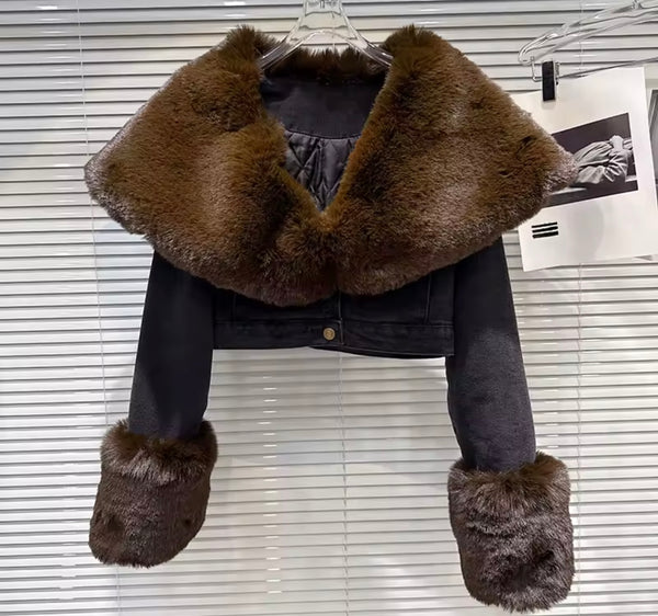 Women Fashion Brown Faux Fur Patchwork Denim Jacket