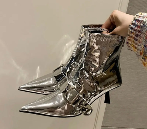 Women Fashion Pointed Toe Buckled Patent Leather Ankle Boots