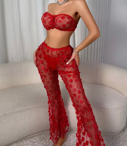 Women Red Sexy Strapless Floral Mesh Three Piece Lingerie Set
