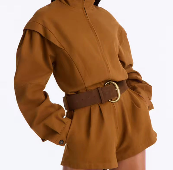 Women Fashion Brown Collar Full Sleeve Romper