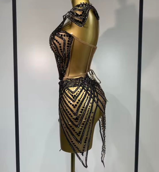 Women Sexy Strapless Rhinestone Mesh Lace Up Dress