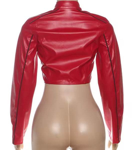 Women Fashion Striped Zip Up Crop PU Jacket