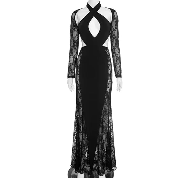 Women Sexy Halter Black Lace Full Sleeve Maxi Dress