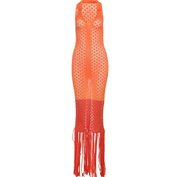Women Sexy Halter Sleeveless Knitted Tassel Maxi Dress