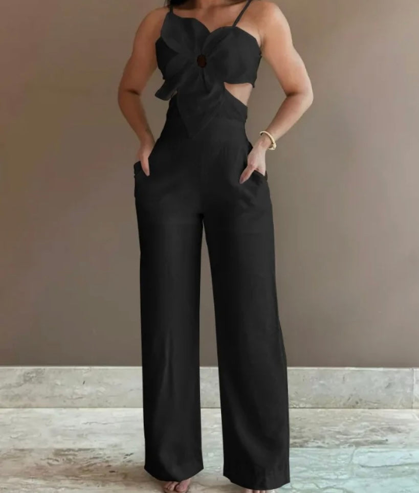 Women Sleeveless Floral Solid Color Sexy Fashion Jumpsuit