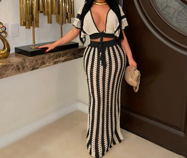 Women Sexy Color Patchwork Short Sleeve Knitted Two Piece Maxi Skirt Set