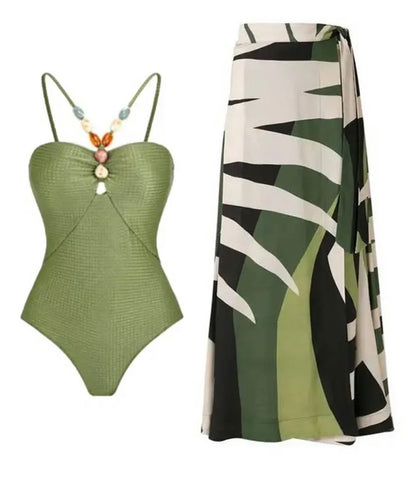Women Green Beaded Sexy Swimsuit Printed Cover Up Set