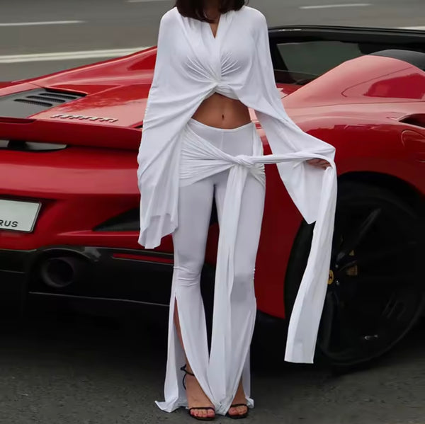 Women White Hooded Tie Up Full Sleeve Two Piece Pant Set
