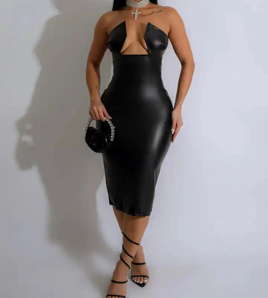 Women Sexy Strapless Black PU Dress