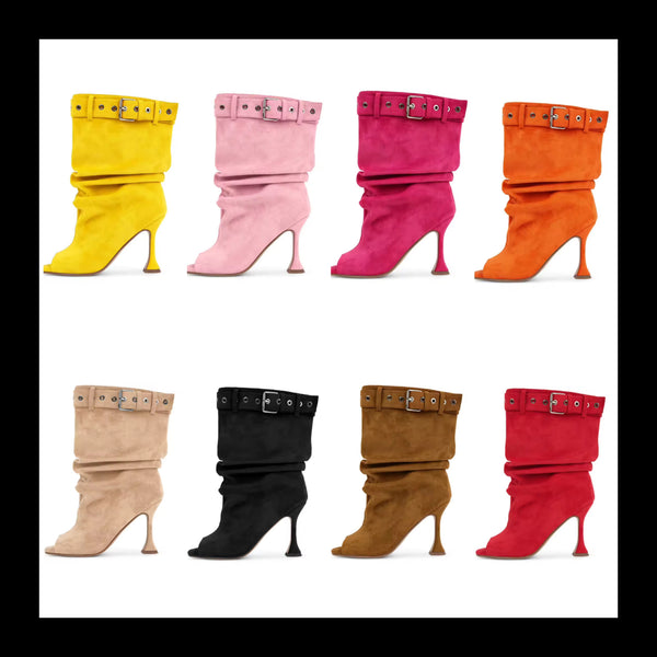 Women Color Open Toe Suede Buckle Ruched High Heel Boots