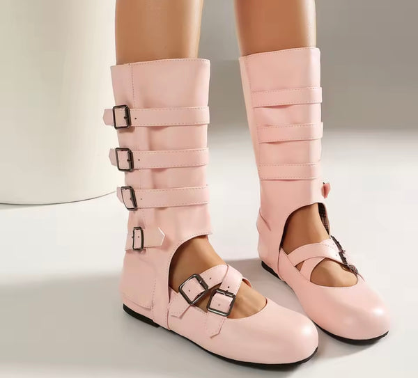 Women Fashion Mary Jane Buckled Mid-Calf Flat Boots