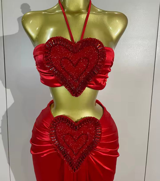 Women Red Halter Sleeveless Bling Heart Two Piece Maxi Skirt Set
