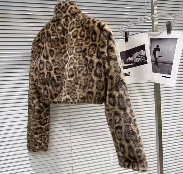 Women Fashion Leopard Print Faux Fur Jacket