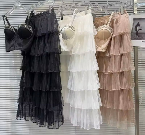 Women Sexy Bling Sleeveless Two Piece Ruffled Mesh Maxi Skirt Set