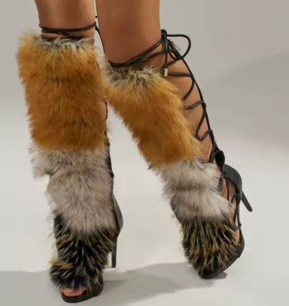 Women Fashion Multicolored Faux Fur Knee High Heels
