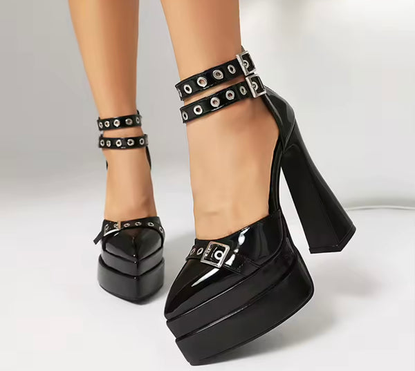Women Pointed Toe Platform Patent Leather Ankle Strap High Heels