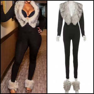 Women Black Faux Fur Patchwork Fashion Full Sleeve Jumpsuit