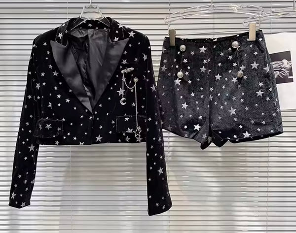 Women Black Velvet Printed Blazer Two Piece Short Set