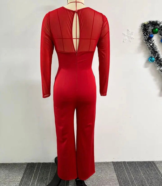 Women Sexy Red Cut Out Full Sleeve Jumpsuit