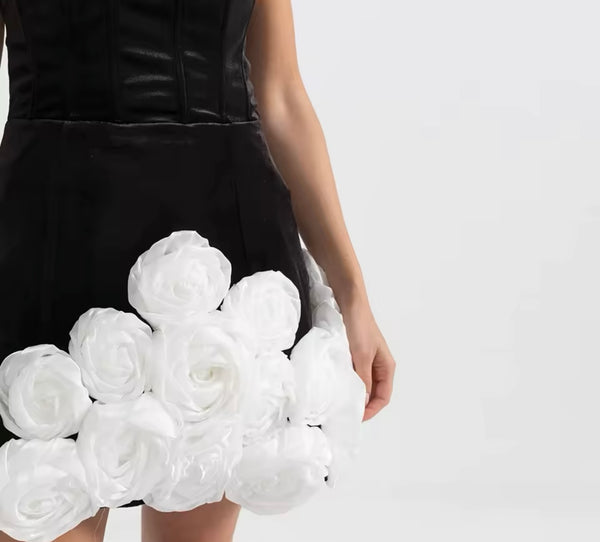 Women Sexy Strapless B&W 3D Floral Dress