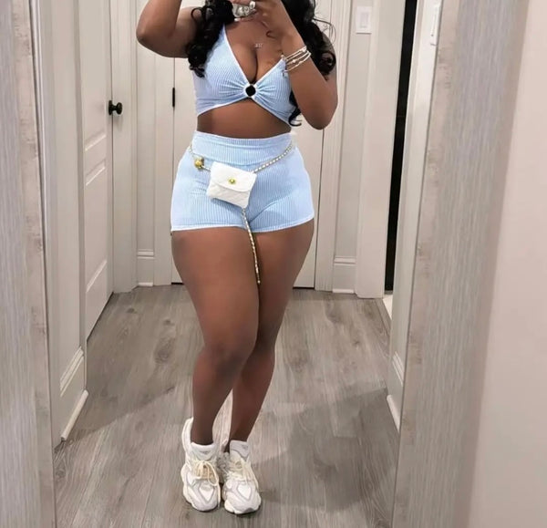 Women Ribbed Sleeveless Sexy Solid Color Two Piece Short Set