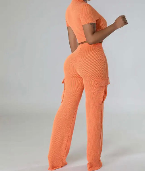 Women Solid Color Ribbed Short Sleeve Crop Two Piece Pant Set
