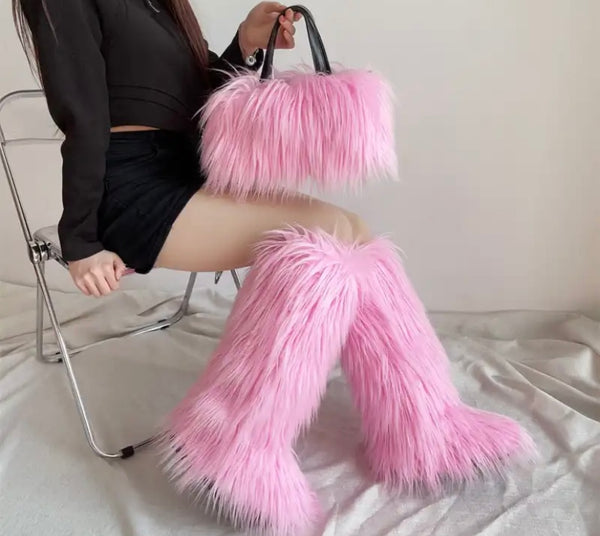 Women Fashion Color Faux Fur Knee High Boots Purse Set