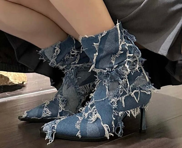 Women Fashion Fringe Color Patchwork Denim Ankle Boots