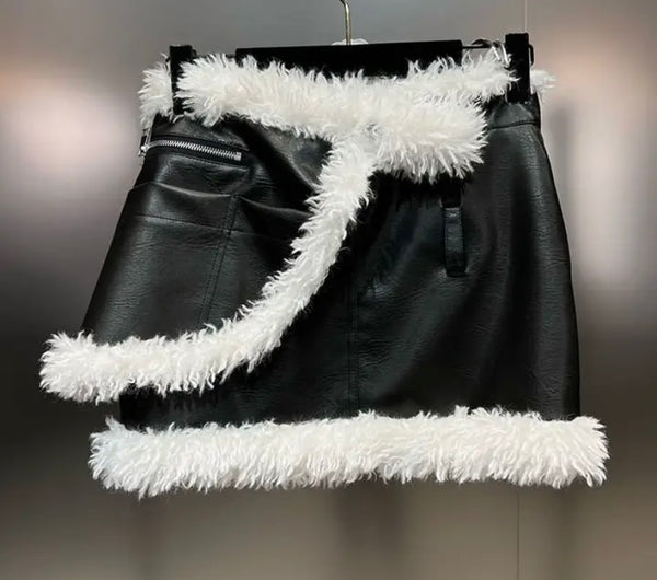 Women Fashion B&W Faux Fur/Leather Wrap Skirt