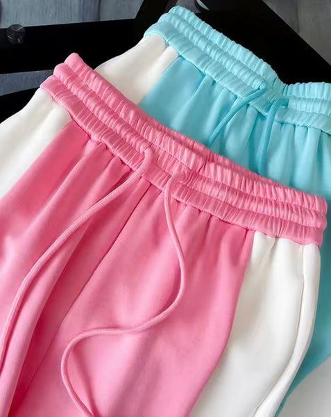 Women Fashion Color Patchwork Short Sleeve Tracksuit Two Piece Pant Set